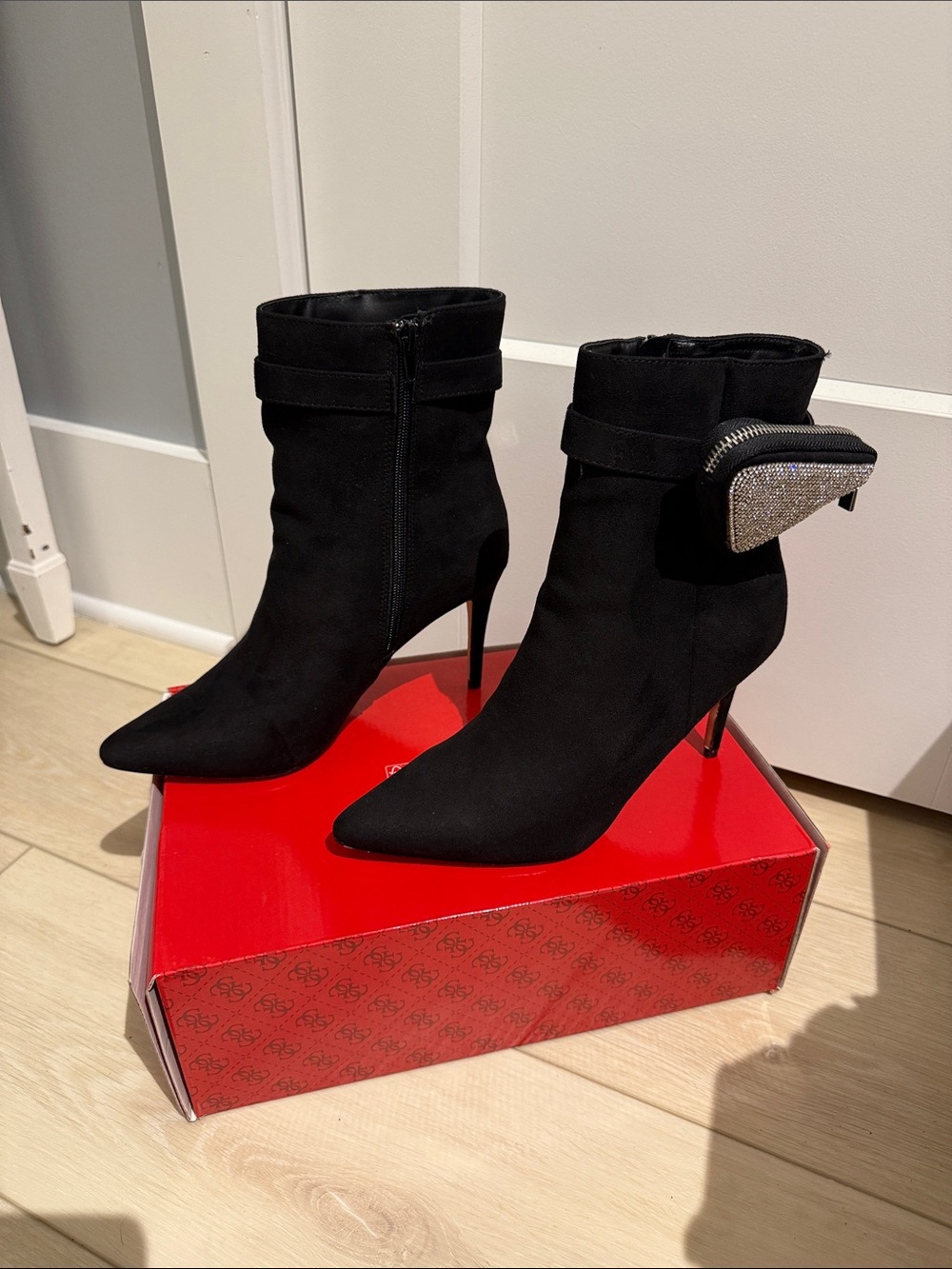 Black Pointed Stiletto Ankle Boots with Rhinestone Pouch